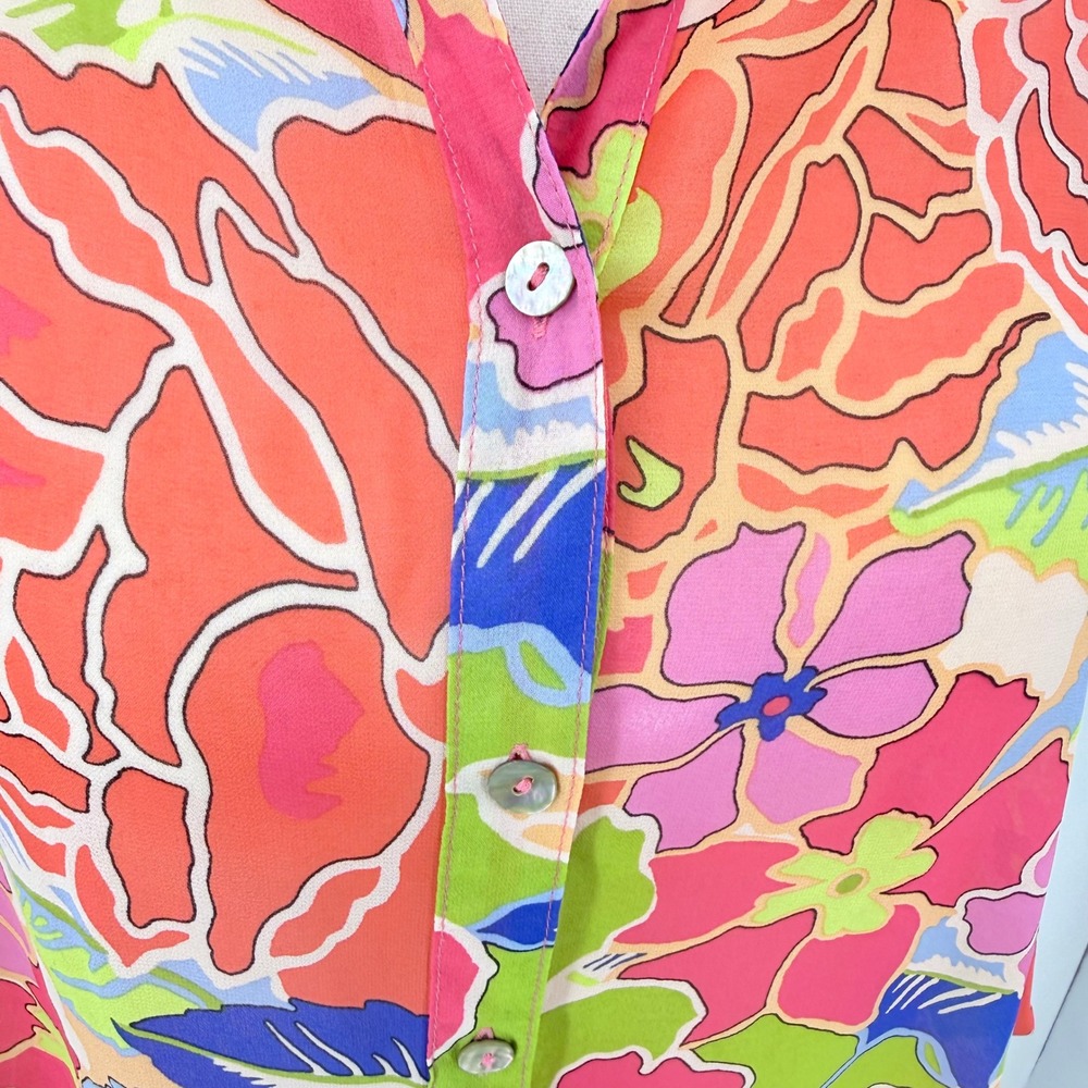 Fig and FlowerTropical Floral Button Up Roll Tab Sleeve Blouse Coral Pink L - Picture 4 of 10